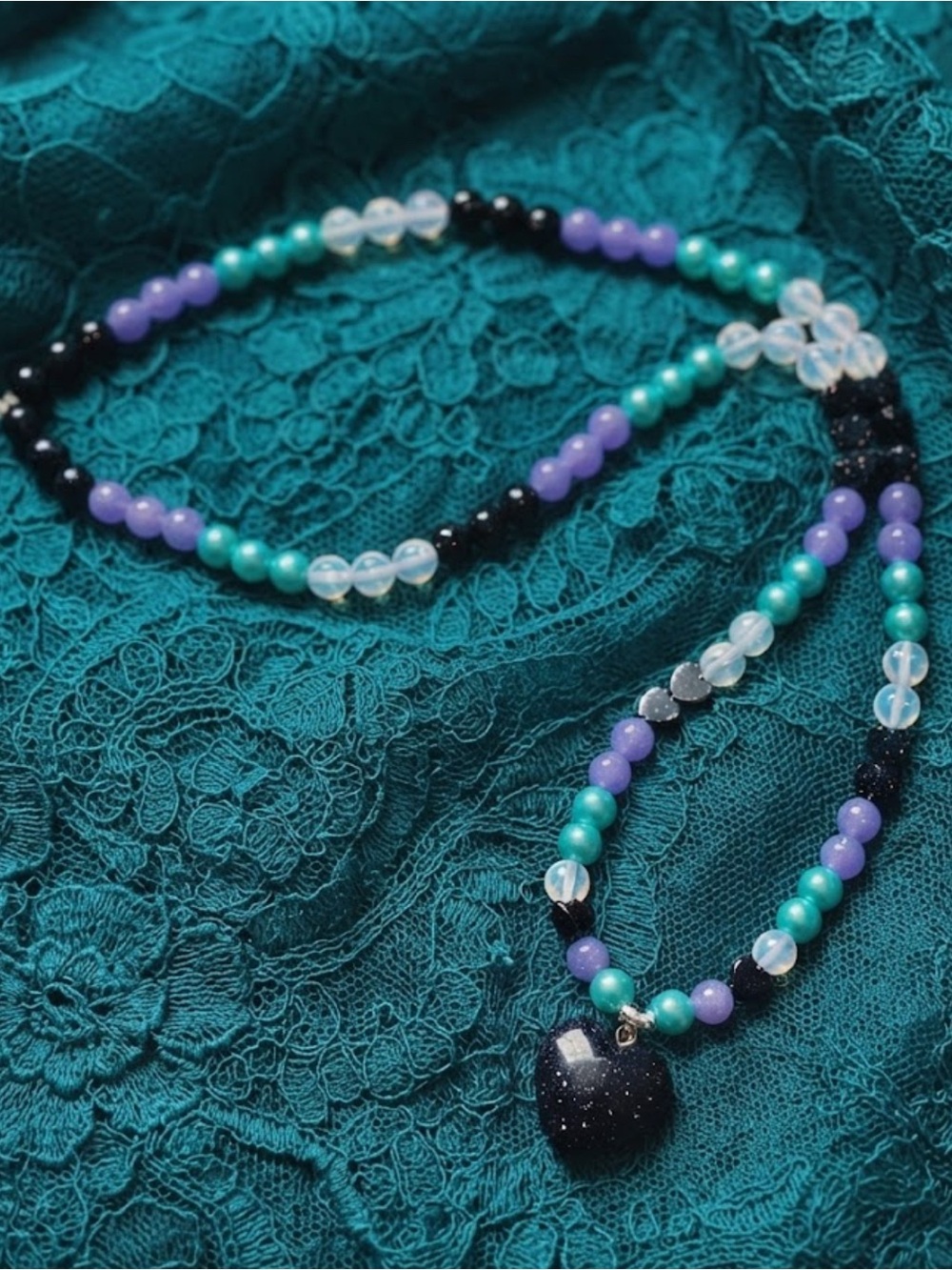 Night Sky Mermaid (Blue GoldStone, Opalite, Teal Pearls, Tarot Purple Glass)